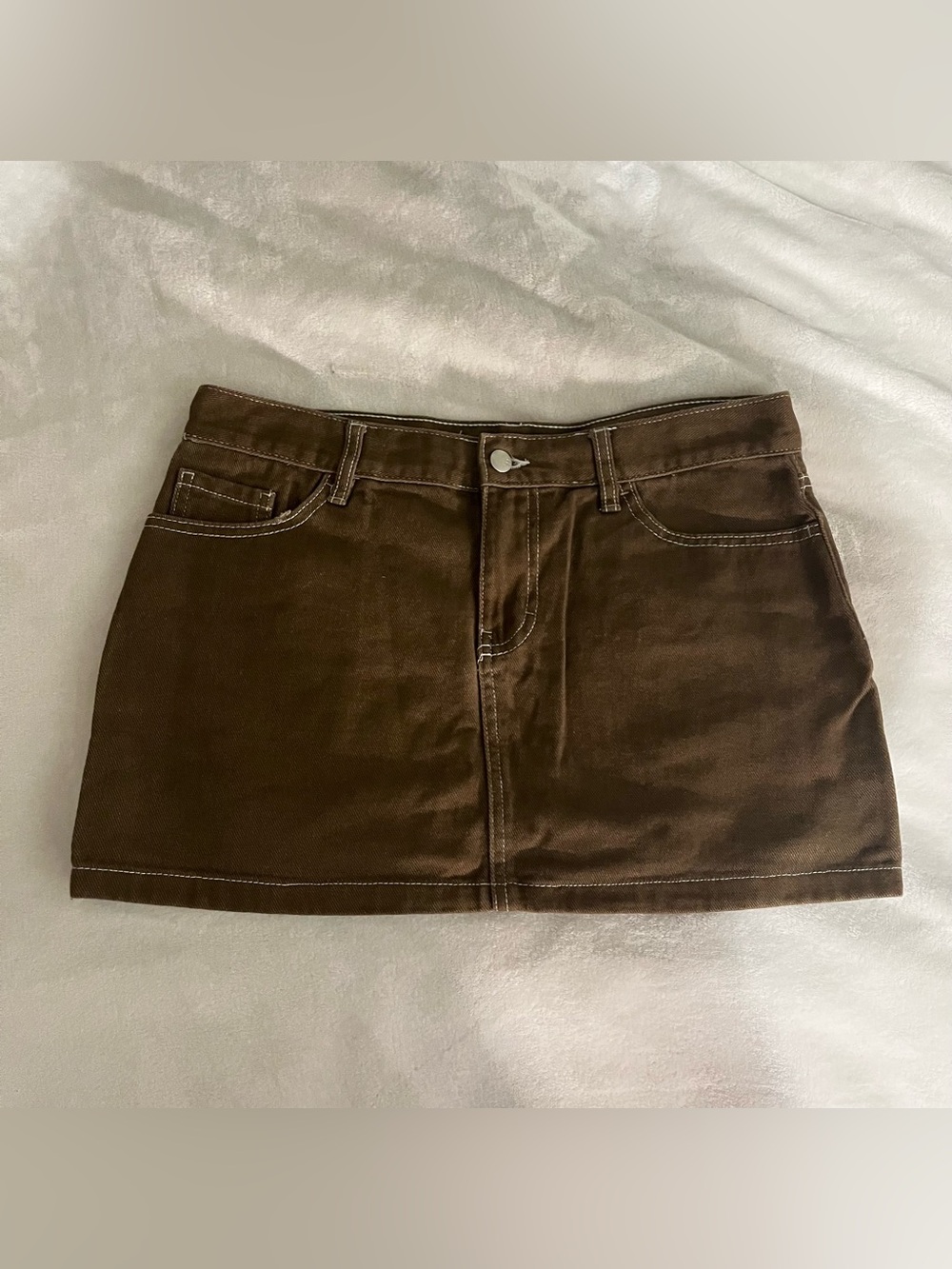 Harlow Brown Denim Mini Skirt with Contrast Stitching